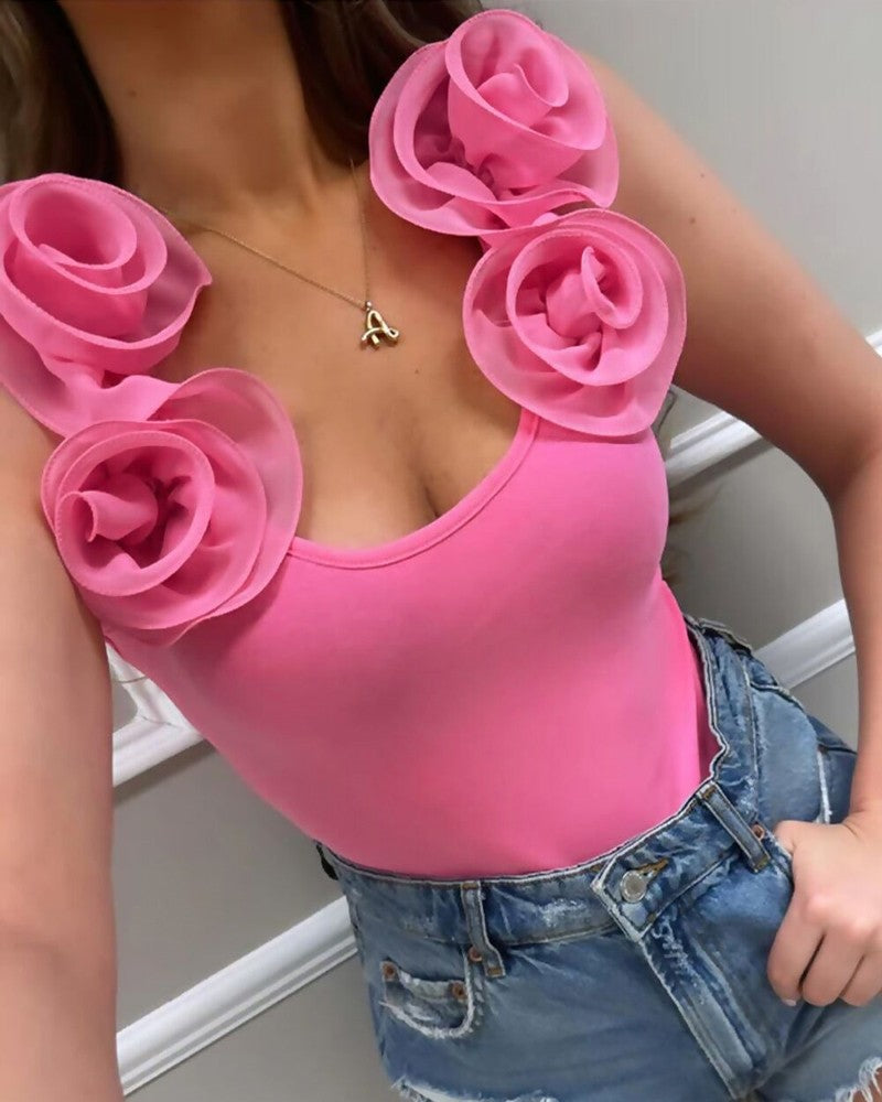 Rose Detail Asymmetrical Neck Tank Top