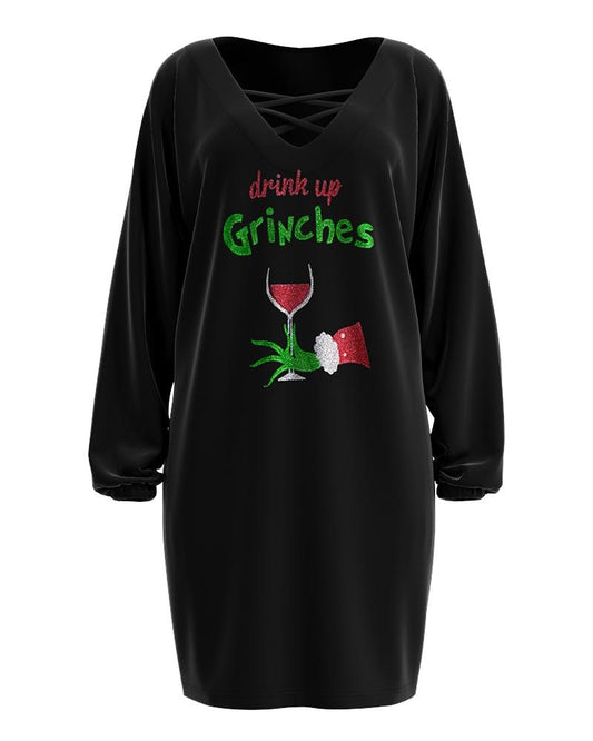 Christmas Graphic Wine Glass Print Casual Dress