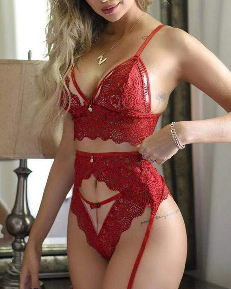 Cutout Contrast Lace Garter Lingerie Set