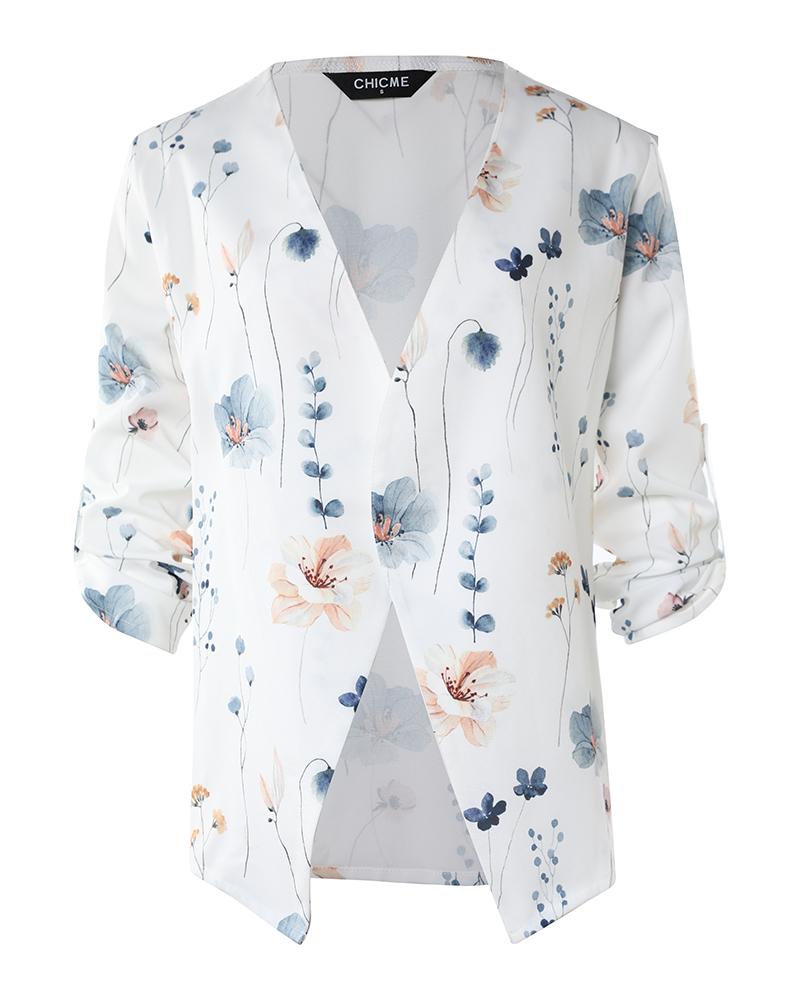 Floral Print Open Front Roll Up Sleeve Coat