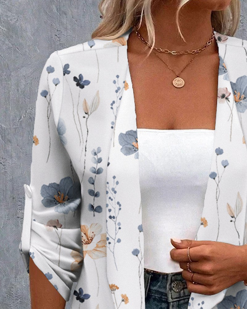 Floral Print Open Front Roll Up Sleeve Coat