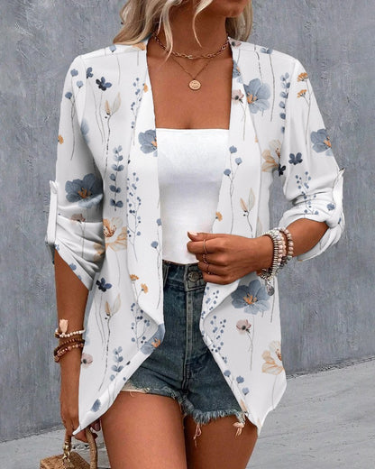 Floral Print Open Front Roll Up Sleeve Coat