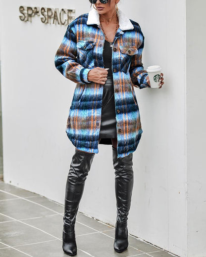 Plaid Print Ombre Buttoned Lined Longline Shacket