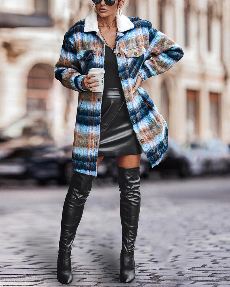 Plaid Print Ombre Buttoned Lined Longline Shacket