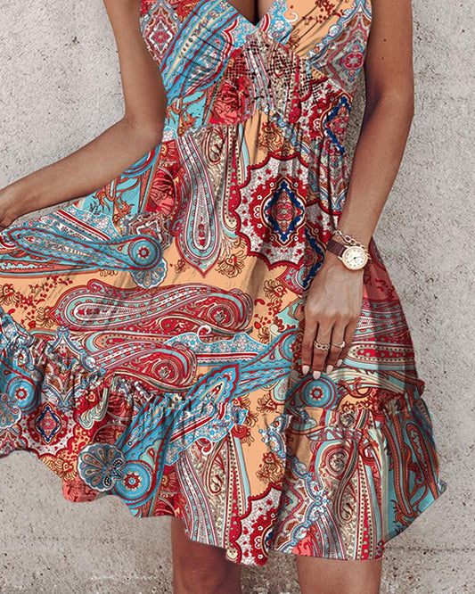 Tribal Print Ruffle Hem Dress