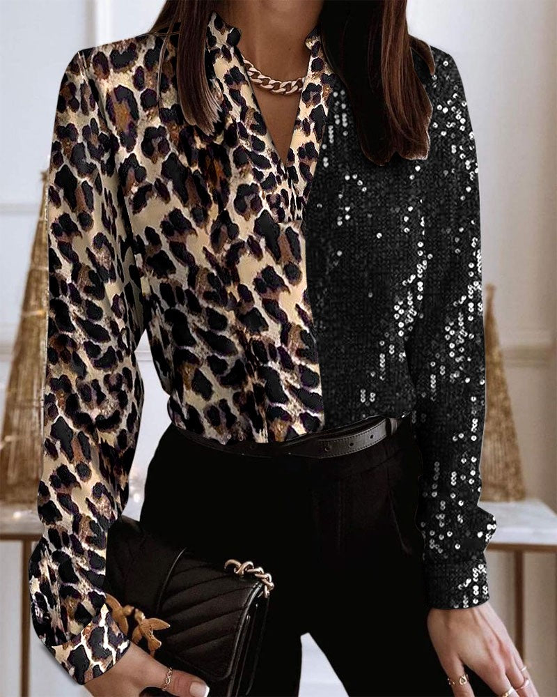 Colorblock Leopard Print Contrast Sequin Top