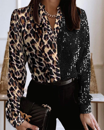 Colorblock Leopard Print Contrast Sequin Top
