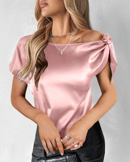 Bowknot Decor Short Sleeve Satin Top