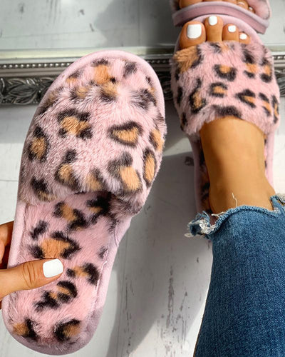 Fluffy Leopard Open Toe Flat Slippers