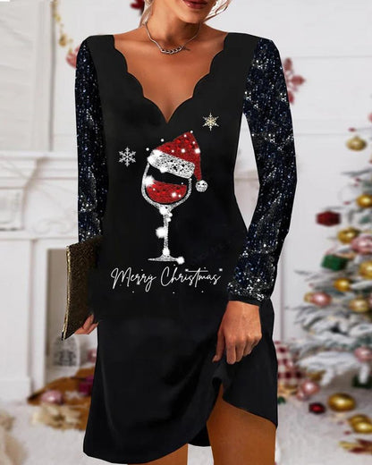 Christmas Wine Glass Print Long Sleeve Casual Dress