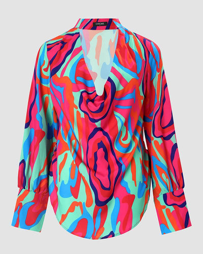 Abstract Print Cowl Neck Long Sleeve Top