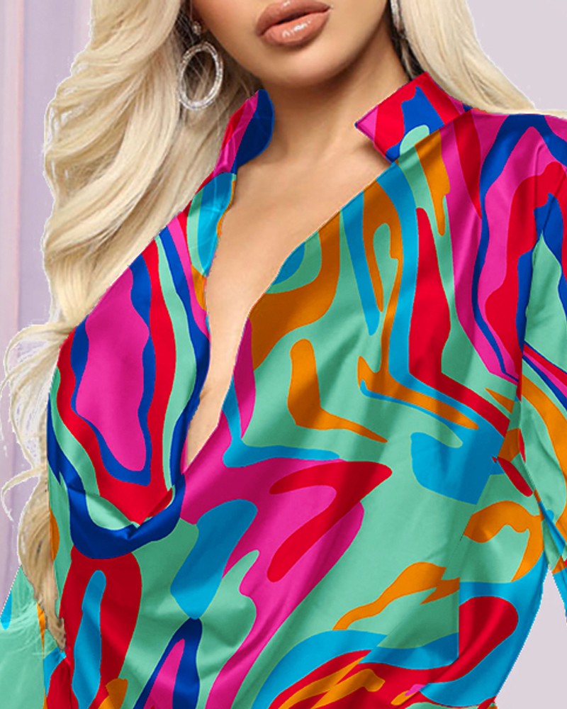 Abstract Print Cowl Neck Long Sleeve Top