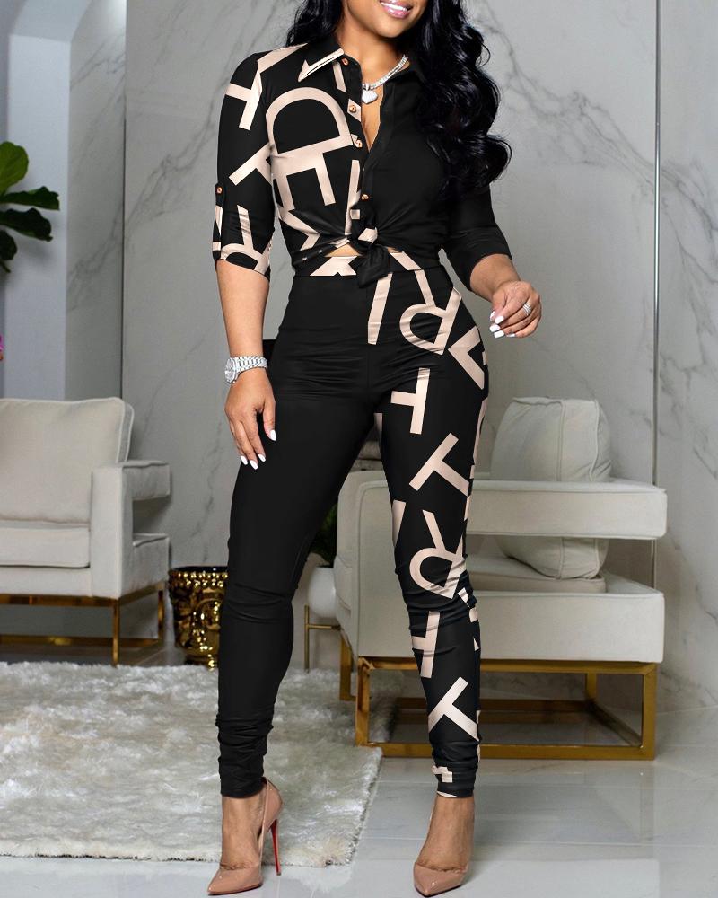 Letter Print Colorblock Knotted Top & High Waist Pants Set