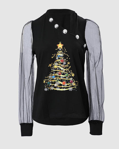 Christmas Tree Print Glitter Sheer Mesh Long Sleeve Top