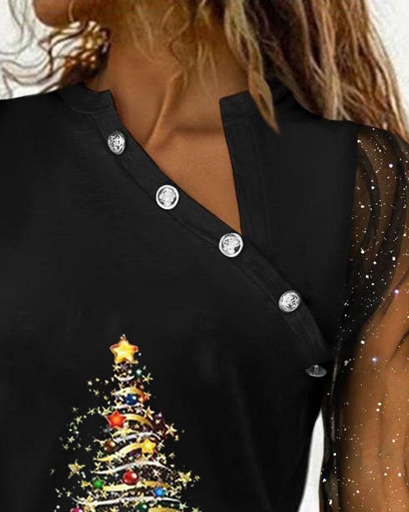 Christmas Tree Print Glitter Sheer Mesh Long Sleeve Top