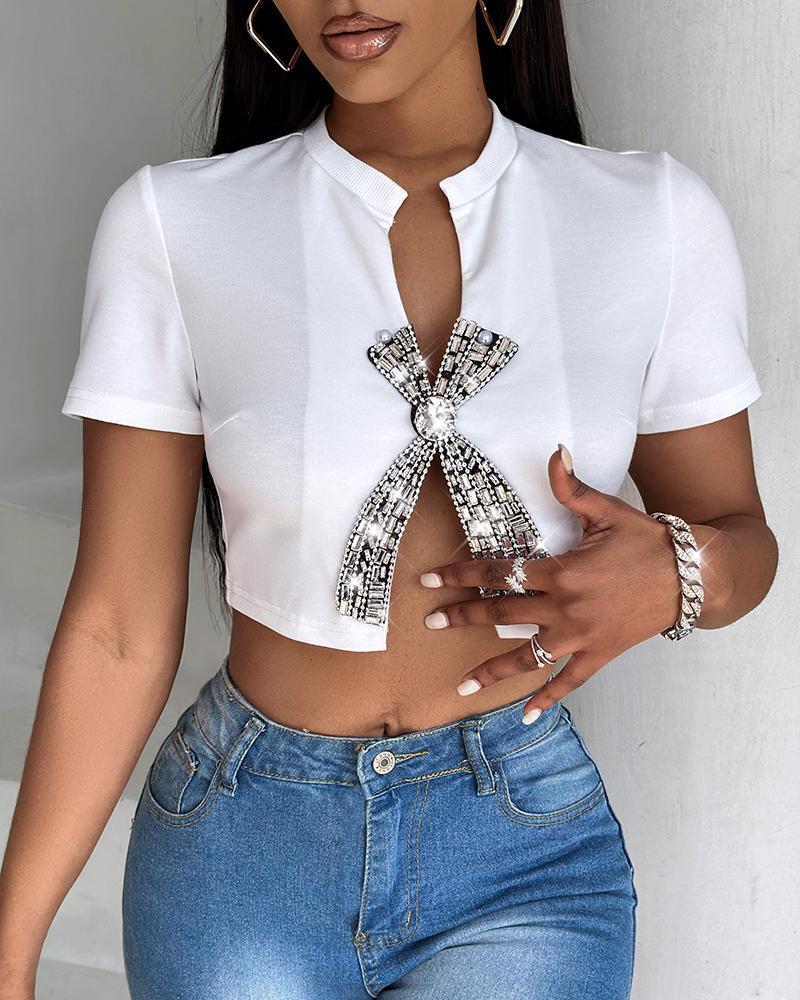 Rhinestone Bowknot Decor Slit T Shirt