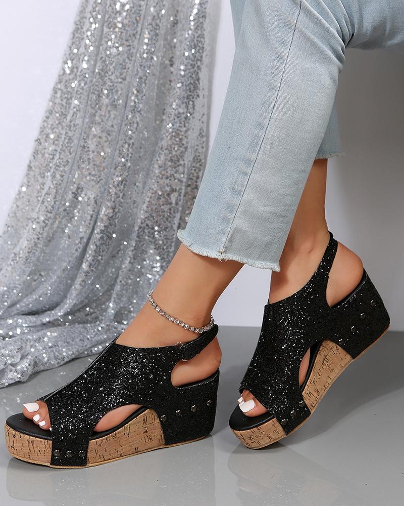 Slingback Peep Toe Glitter Wedge Sandals