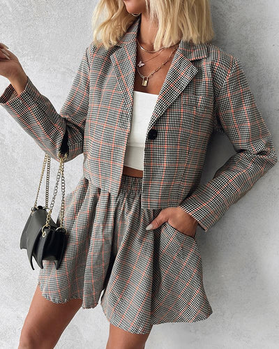 Plaid Print Blazer Coat & Pleated Skirt Set