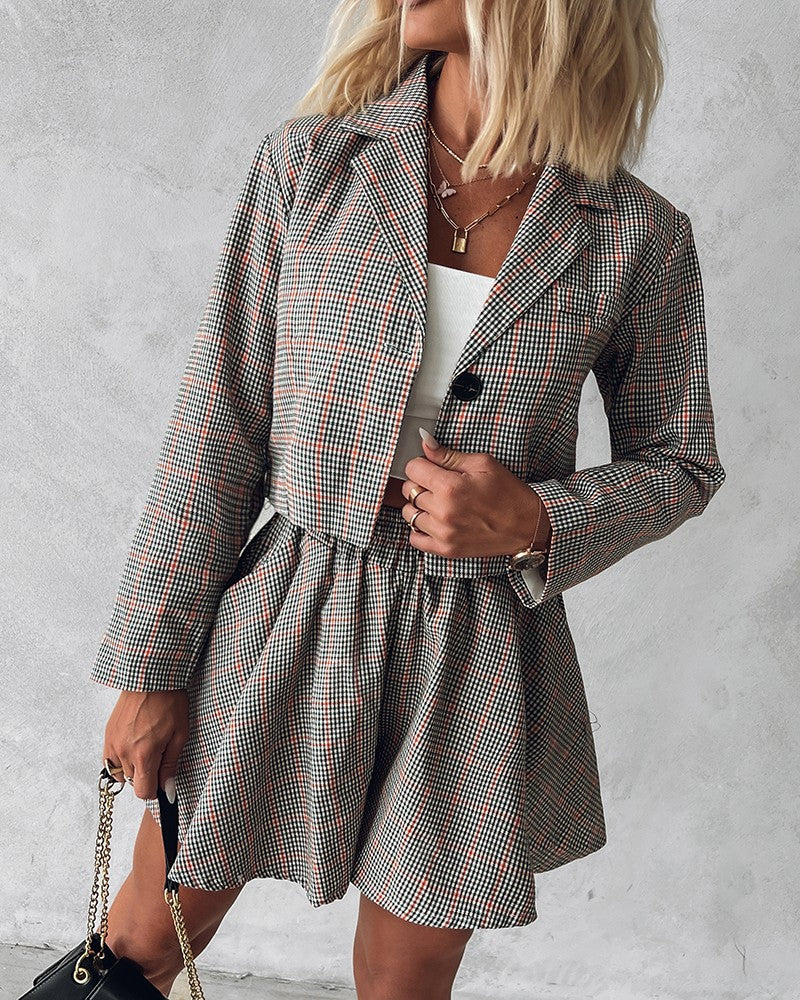 Plaid Print Blazer Coat & Pleated Skirt Set