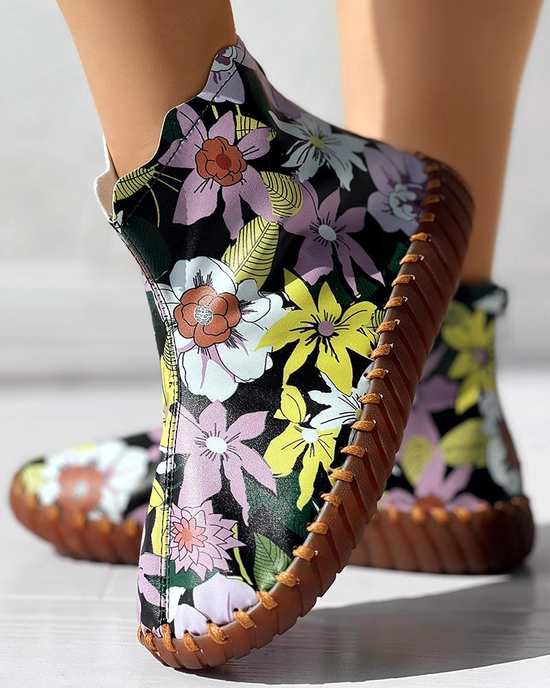 Floral Print Platform Ankle Boots