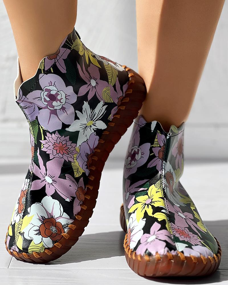 Floral Print Platform Ankle Boots