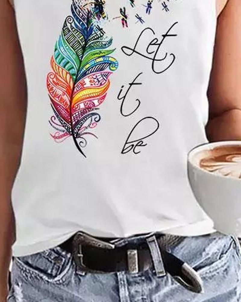 Let It Be Feather Dragonfly Print Casual Tank Top