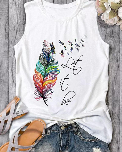 Let It Be Feather Dragonfly Print Casual Tank Top