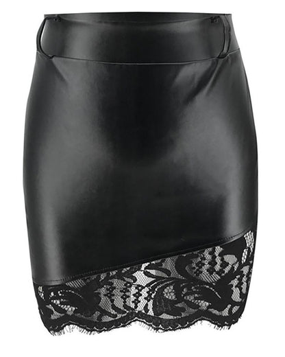 Contrast Lace PU Leather Mini Skirt