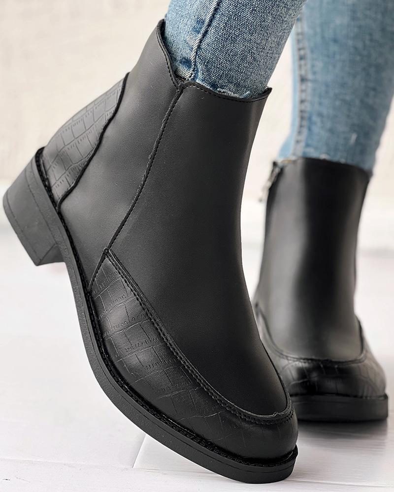 Side Zipper Patchwork Chunky Heel Ankle Boots