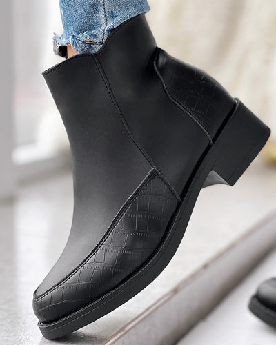 Side Zipper Patchwork Chunky Heel Ankle Boots