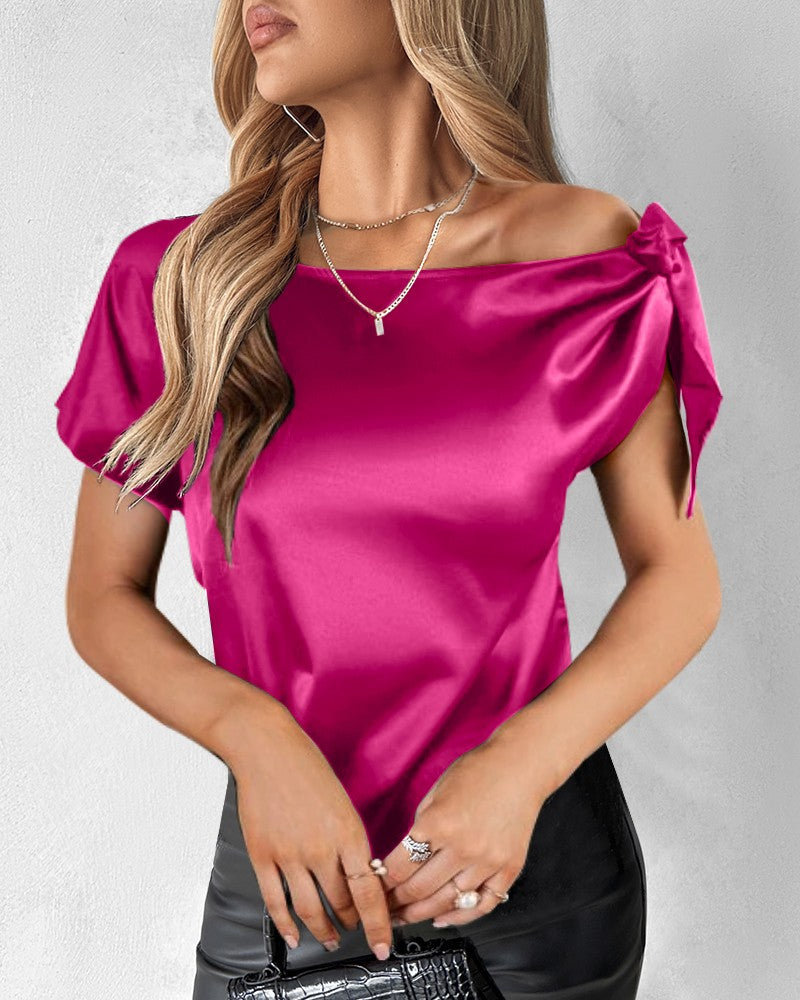 Bowknot Decor Short Sleeve Satin Top