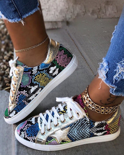 Snakeskin Star Design Lace Up Sneakers