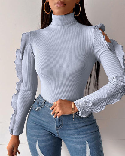 Hollow Out Ruffle Hem Sleeve Top