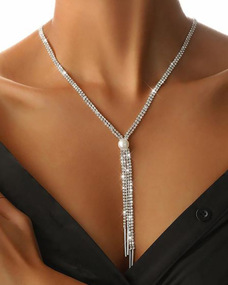 Rhinestone Tassel Design Pearl Pendant Necklace