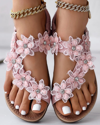 Floral Pattern Toe Ring Slingback Beach Sandals