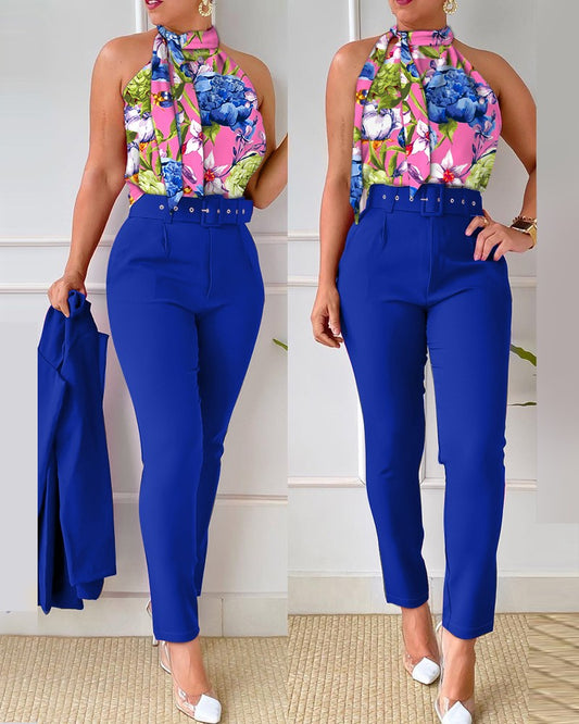 Floral Print Tie Neck Tank Top & High Waist Pants Set