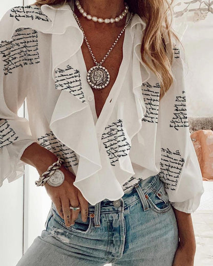 Ruffles Trim Letter Print Long Sleeve Top