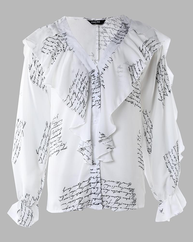 Ruffles Trim Letter Print Long Sleeve Top