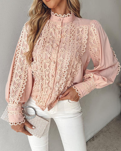 Contrast Lace Stand Collar Buttoned Top