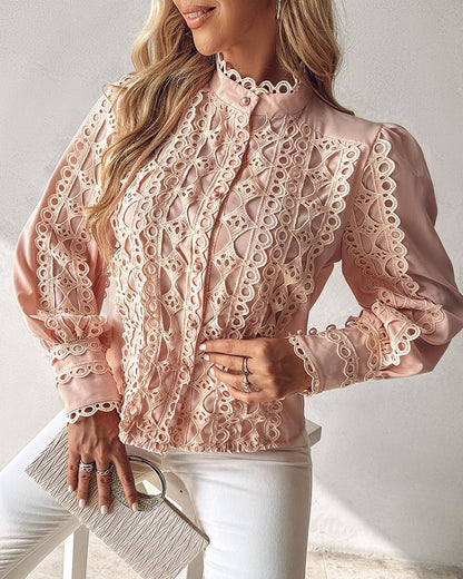 Contrast Lace Stand Collar Buttoned Top