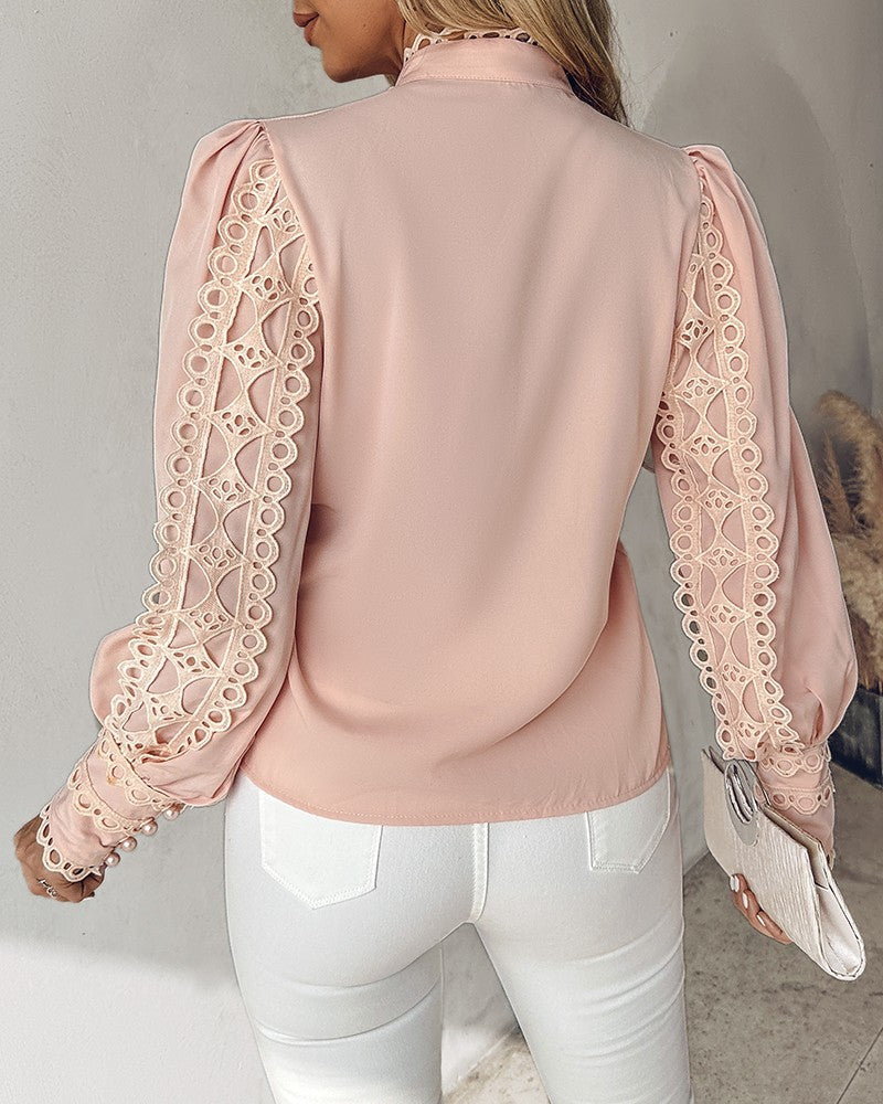 Contrast Lace Stand Collar Buttoned Top