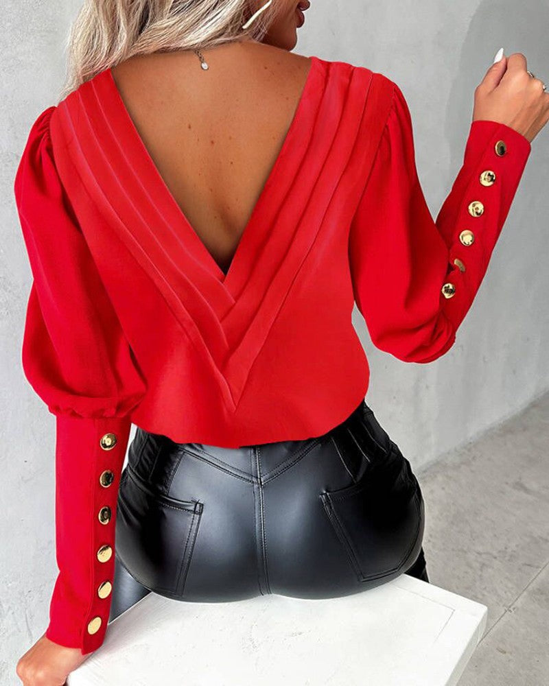 Backless Buttoned V Neck Top