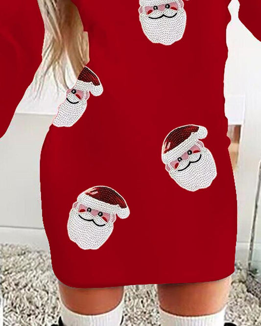 Christmas Santa Claus Pattern Contrast Sequin Bodycon Dress