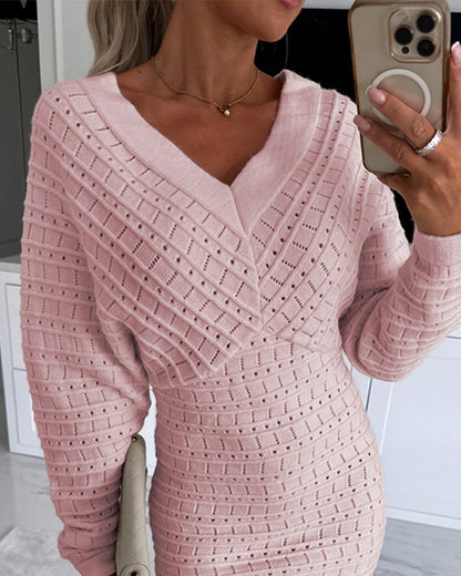 V Neck Hollow Out Long Sleeve Knit Dress