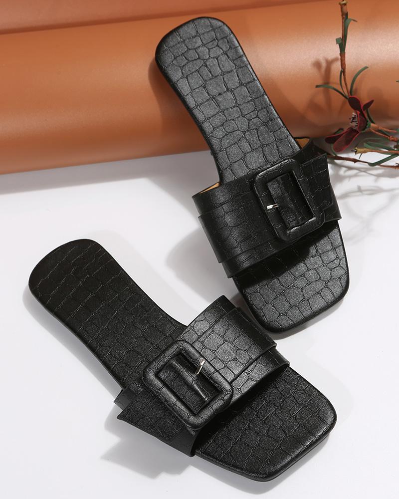 Crocodile Buckled Wide Strap Slippers