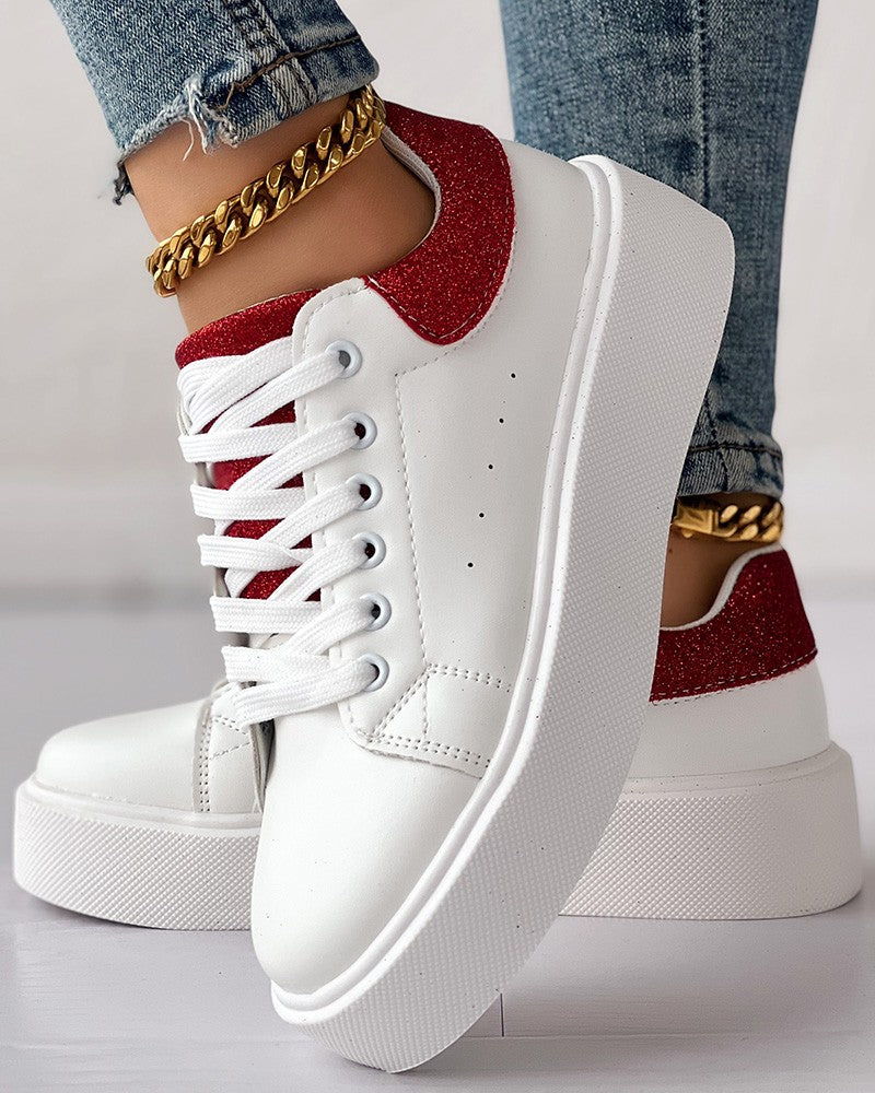 Glitter Colorblock Lace up Round Toe Sneakers