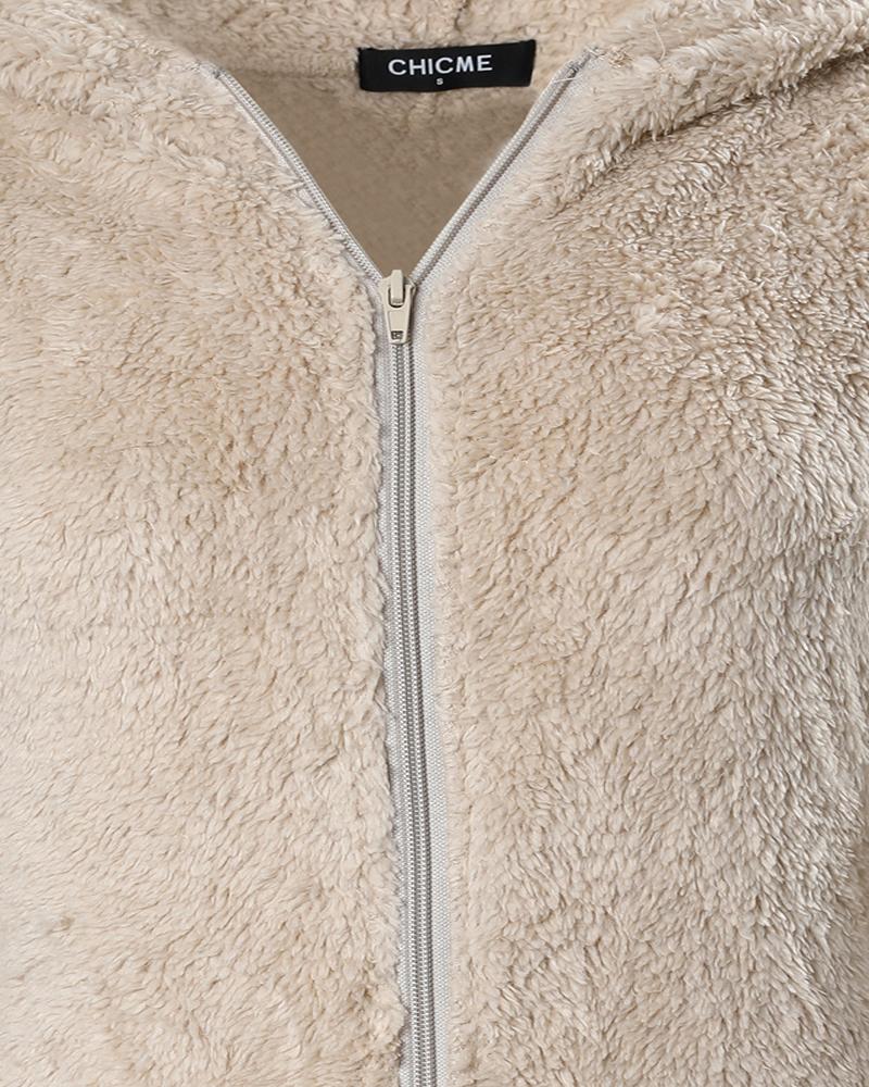 Plus Size Zipper Design Fuzzy Hooded Flap Onesie Romper