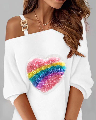 Rainbow Stripe Heart Pattern Cold Shoulder Casual Dress