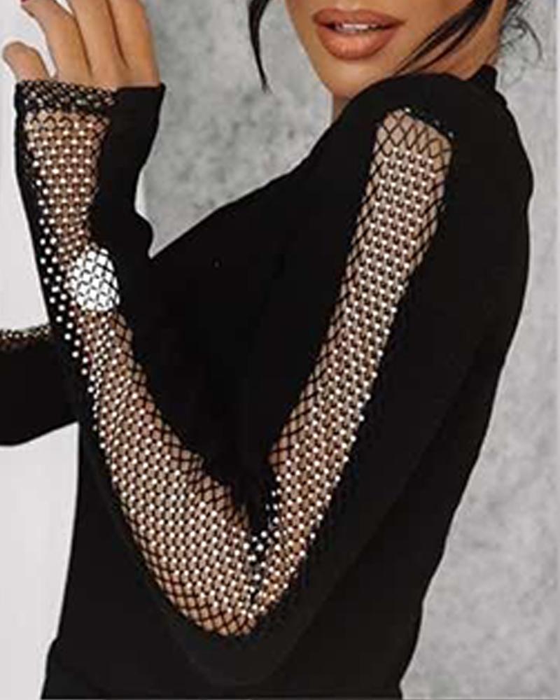 Rhinestone Fishnet Patch Long Sleeve Top