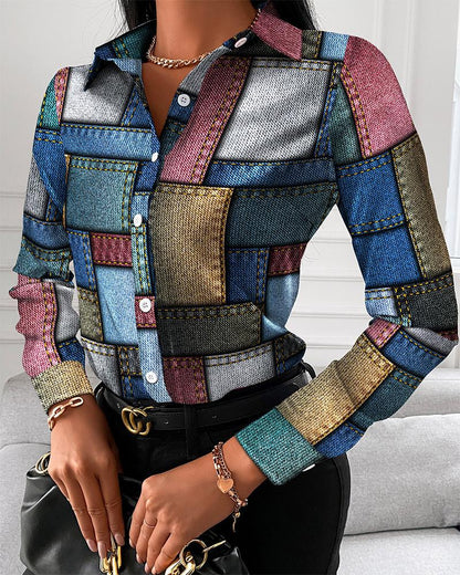 Denim Look Print Long Sleeve Button Down Shirt